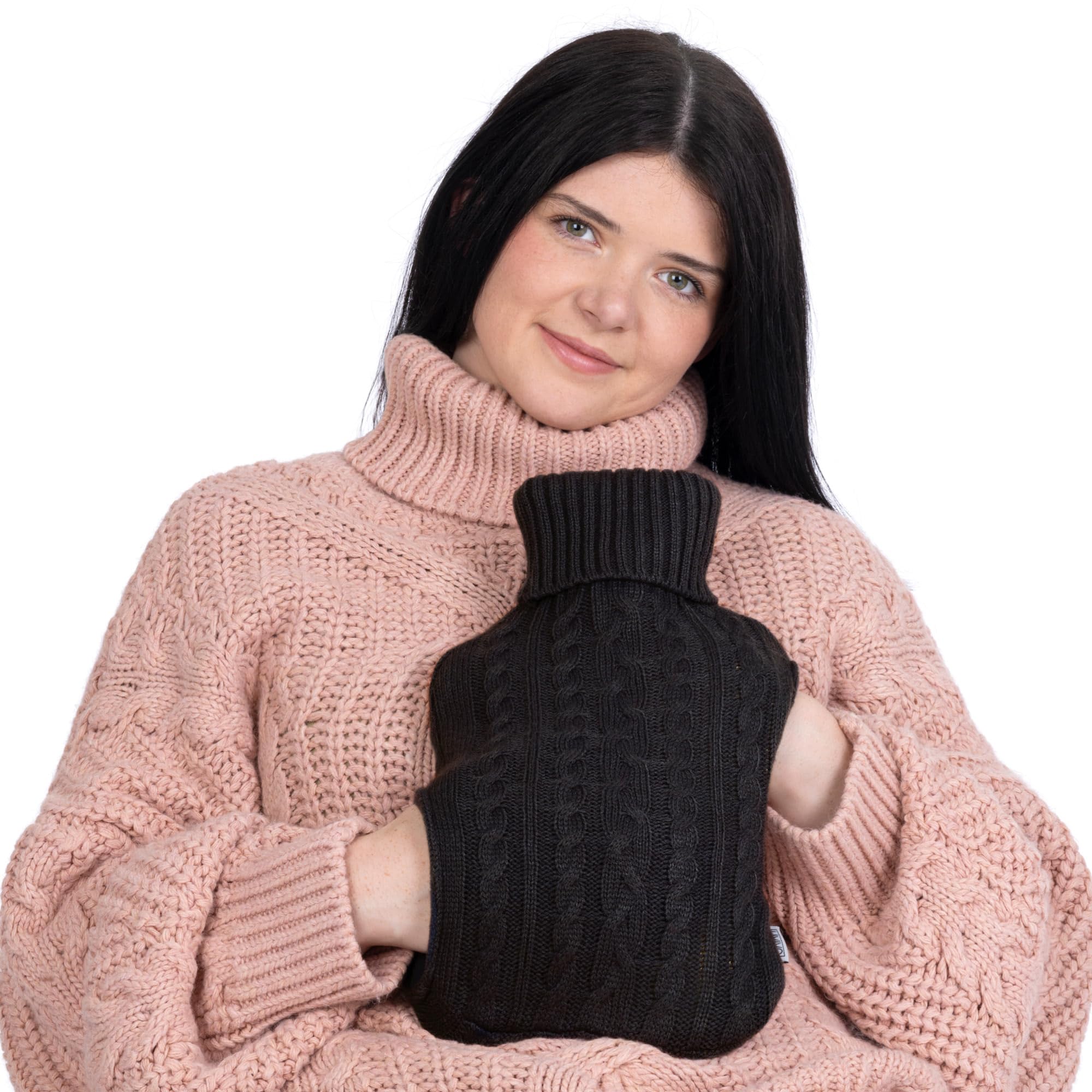 LIVIVO 2L Hot Water Bottle with Knit Cover & Hand Pockets – Large Thermoplastic Hot Water Bag for Warmth, Pain Relief & Cosy Comfort – Machine Washable Sleeve – Black