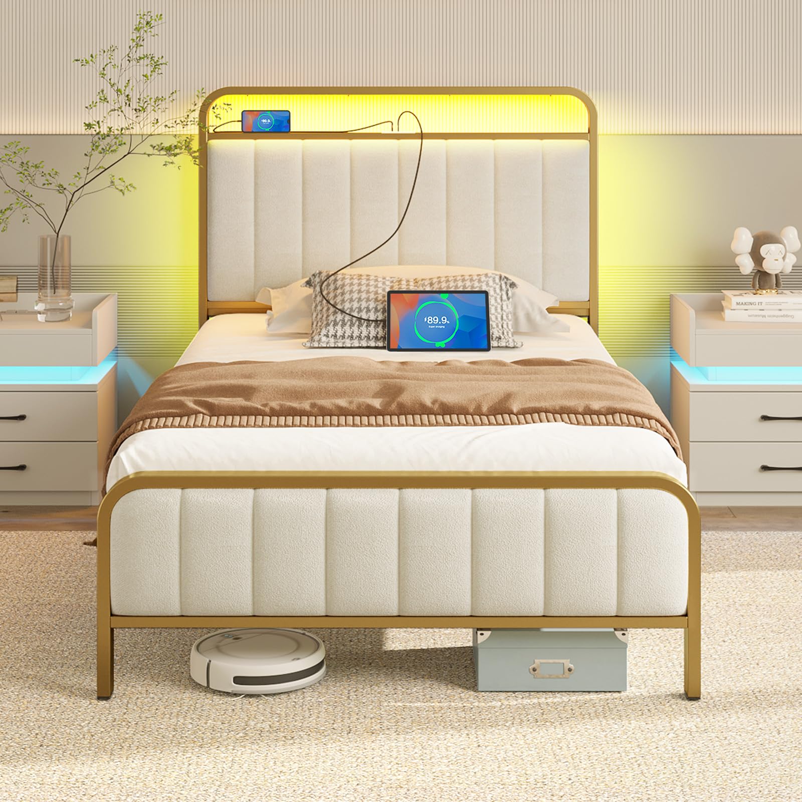Rolanstar Twin Size Bed Frame with LED Light and Charging Station, Upholstered Headboard and Footboard, Metal Slat, Noise Free, Easy Assembly, Golden and Beige Image