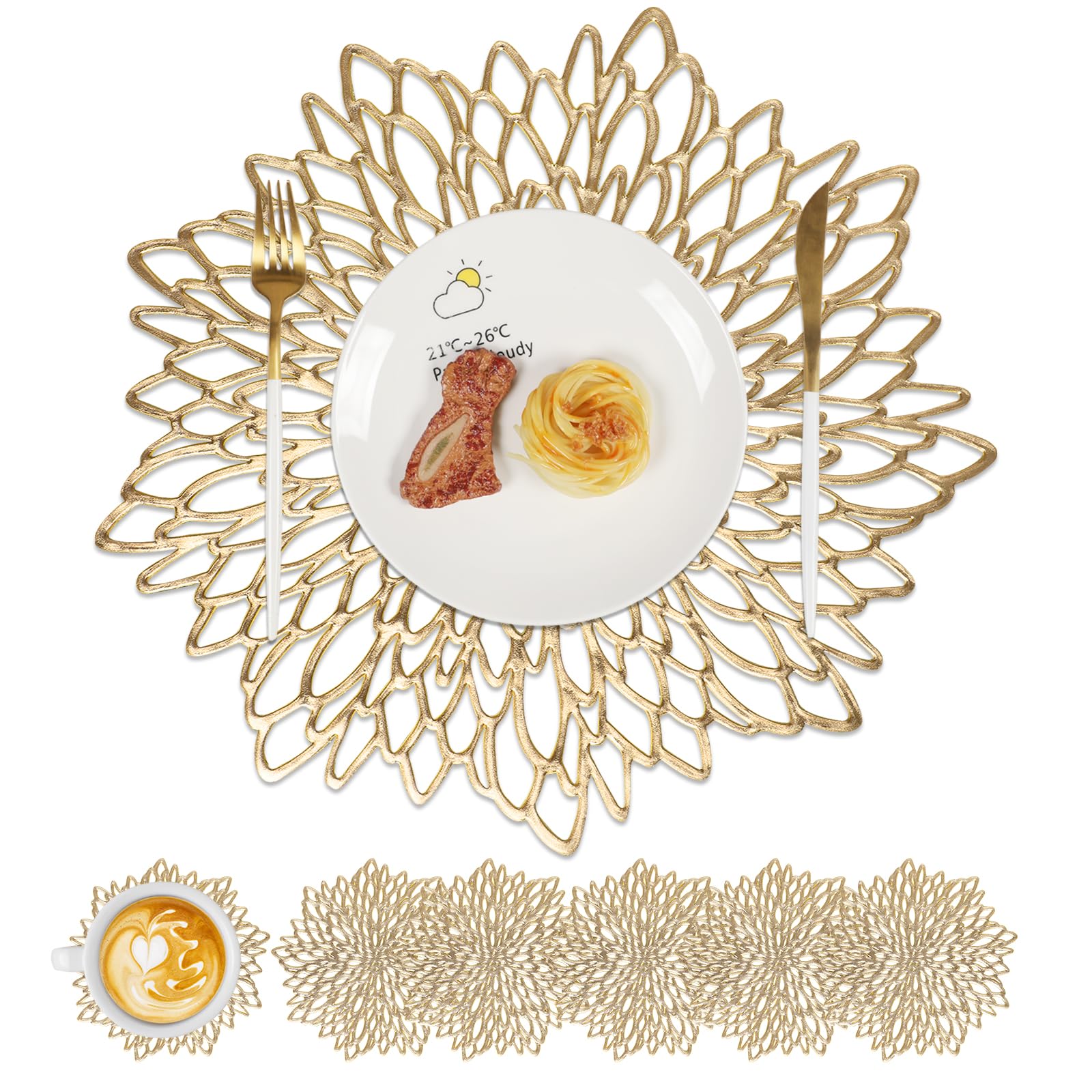 Famibay Christmas Placemats and Coasters Set of 6 Gold Snowflake Table Mats Heat Resistant Christmas Place Mats for Dining Table Holiday Party Decor