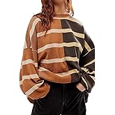 ebossy Women's Vintage Crewneck Long Sleeve Casual Loose Contrast Color Striped Knitted Pullover Sweater Top