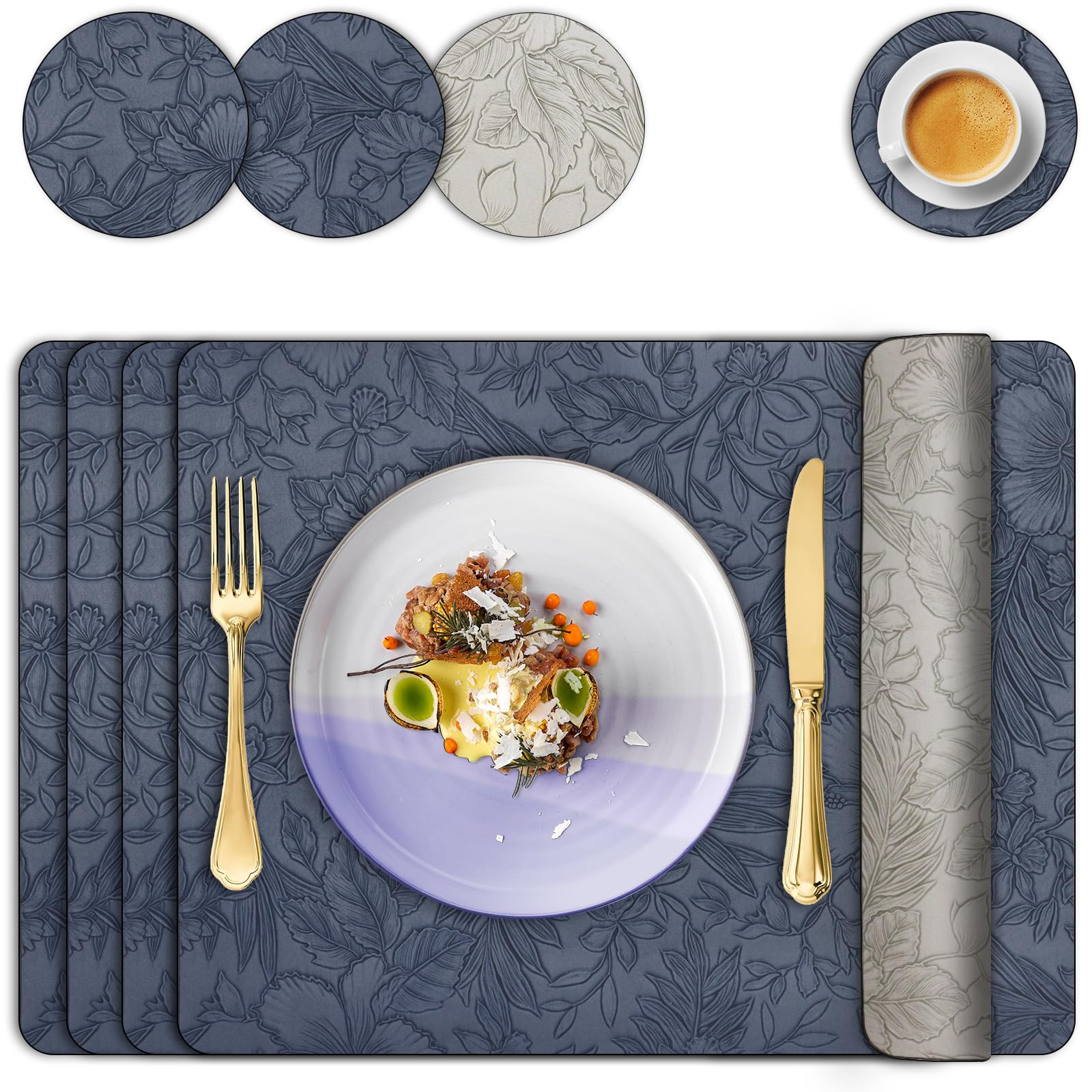 Placemats and Coaster Sets 4, Faux Leather Table Mats Heat-Resistant Waterproof Non Slip, Wipeable Washable Dual-Sided Floral Place Mat 43x30 cm, Easy to Clean for Kitchen Dinning Restaurant,Blue Grey