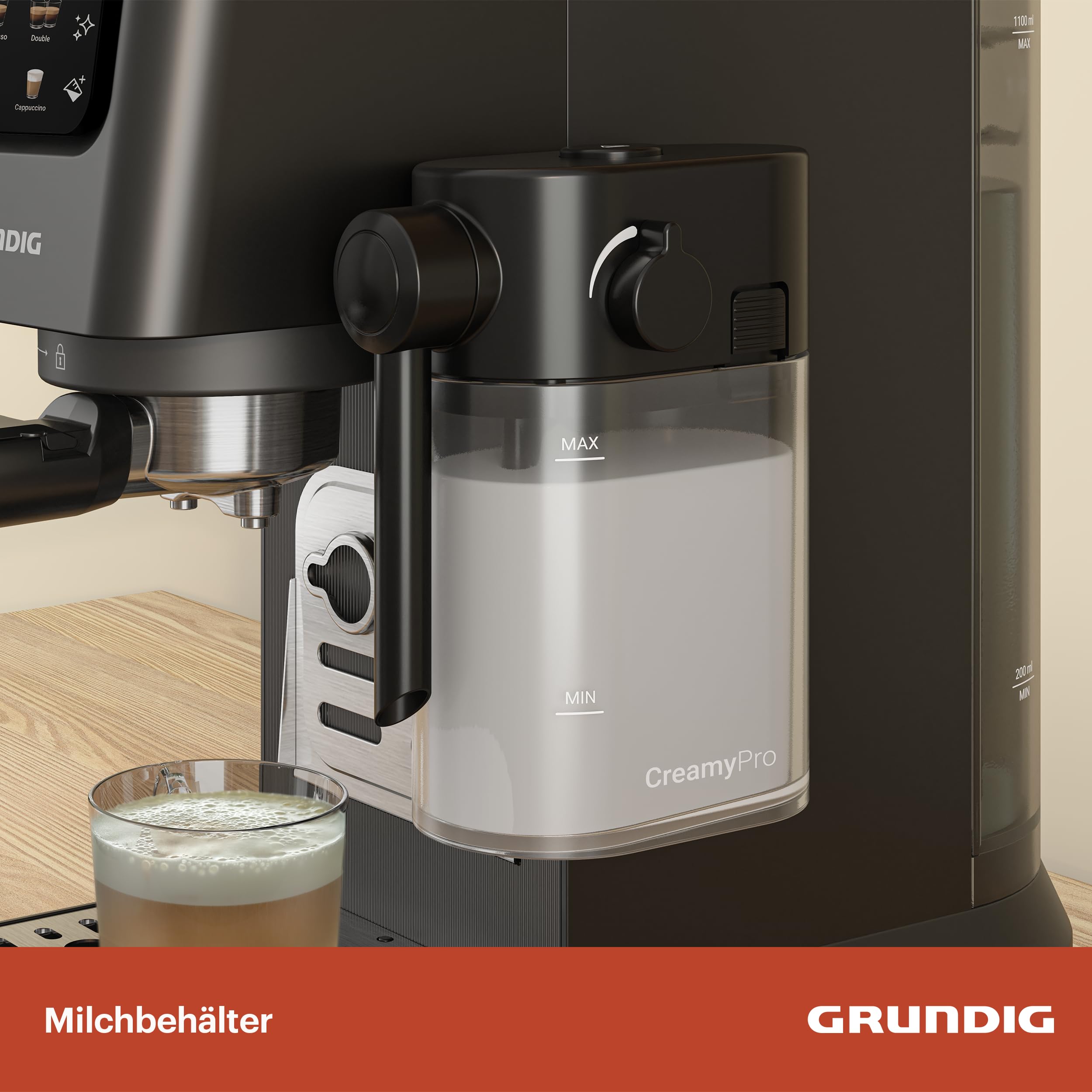 GRUNDIG - KSM 5330 Siebträgermaschine - 1628 W - 15 Bar Pumpendruck - Dark Inox - Milchbehälter 300ml - Touch-Display - BrewSense Technologie - 1,1L Wassertank - Espresso & Cappuccino - Robust 2