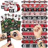 BOIKOKY 96 PCS Ninja Party Favors Set – 72 Pre-Cut Temporary Tattoos & 24 Slap Bracelets for Kids, Cool Red & Black Ninja Birthday Party Supplies and Goodie Bag Fillers