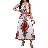 African Dresses for Women Elegant V Neck 3/4 Sleeve Casual Long Maxi African Attire Dress