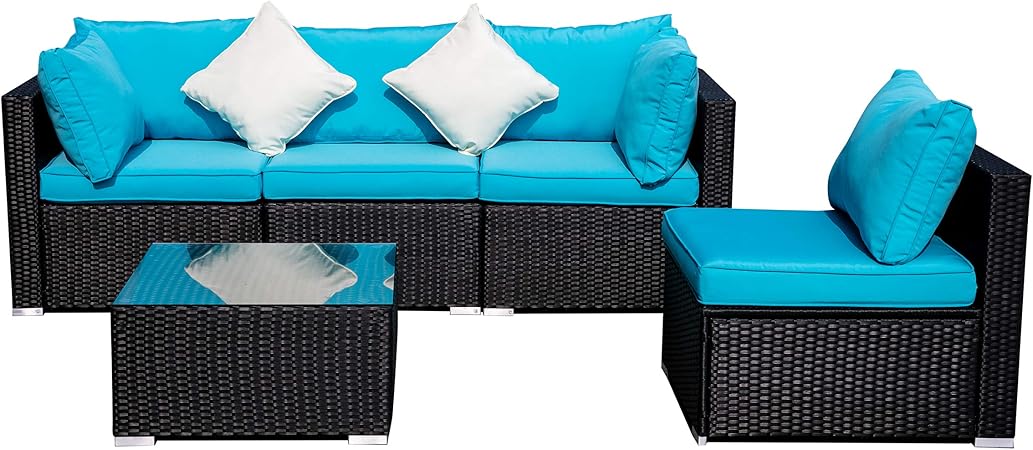 Amazon Com Outdoor Wicker Patio Furniture Sectional Cushioned Rattan Conversation Sofa Sets Black Blue 5 Pieces Garden Outdoor