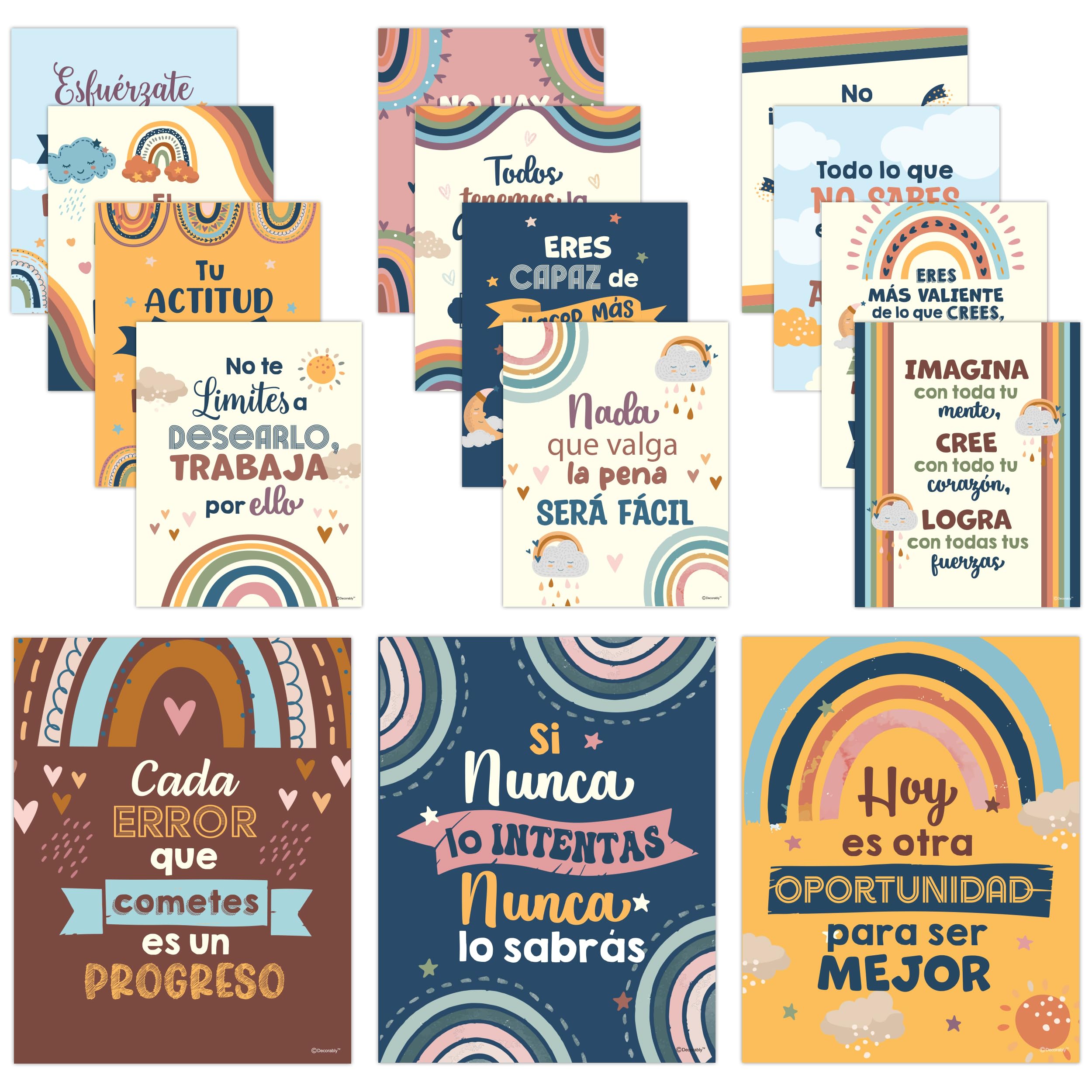 Photo 1 of Decorably 15 Boho Rainbow Motivational Spanish Classroom Posters, 11x14in Matte-Laminated Inspirational Spanish Posters for Classroom High School, Middle School, Elementary - Bulletin Boards, Hallways