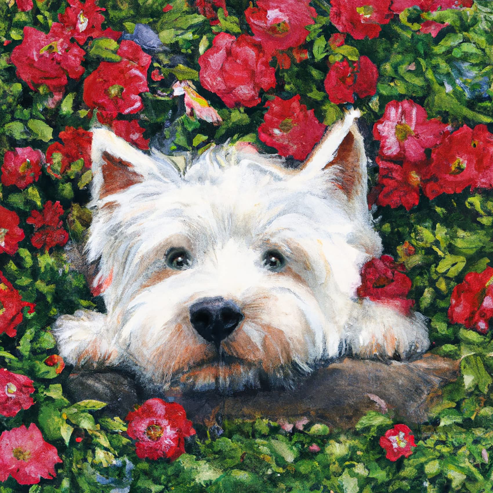 Reofrey 5D Diamond Painting Kit Red Flower Dog Full Drill for Adults, Paint with Diamonds Art Rhinestone Embroidery Cross Stitch Craft Decor (35x35 cm/ 14x14 inch)