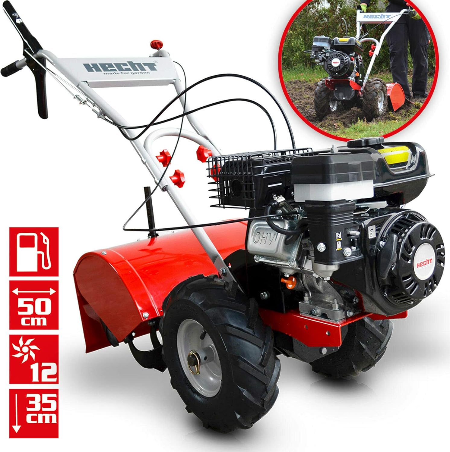 Motobineuse Thermique 52CC 2 Temps - Largeur Travail 30 Cm - Kit Complet Avec Lames - Pour Jardin, Potager, Petites Surfaces