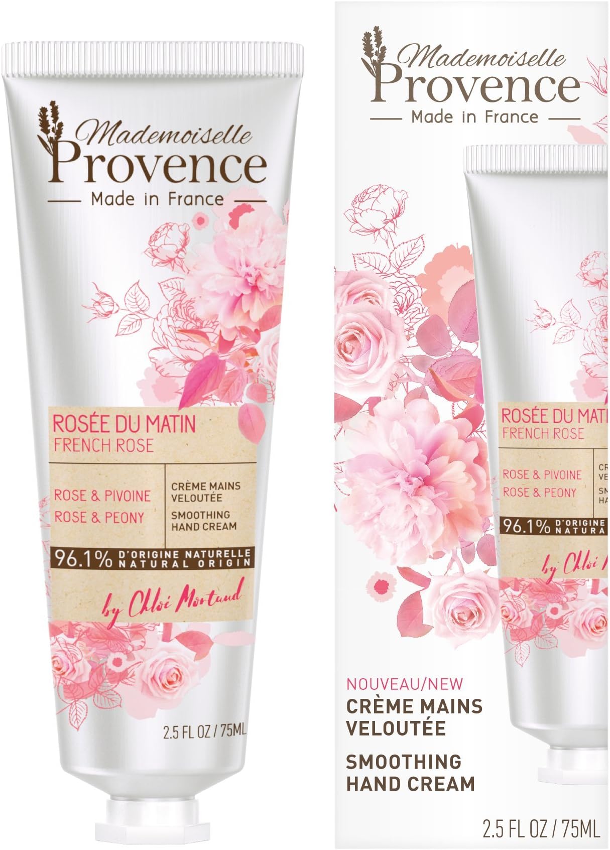 Mademoiselle Provence Natural Shea Butter Organic Rose Hand Cream with Peony Extracts, Moisturizing and Smoothing French Hand Lotion, Hydrating Vegan Hand Care, Cruelty Free 2.5 fl oz