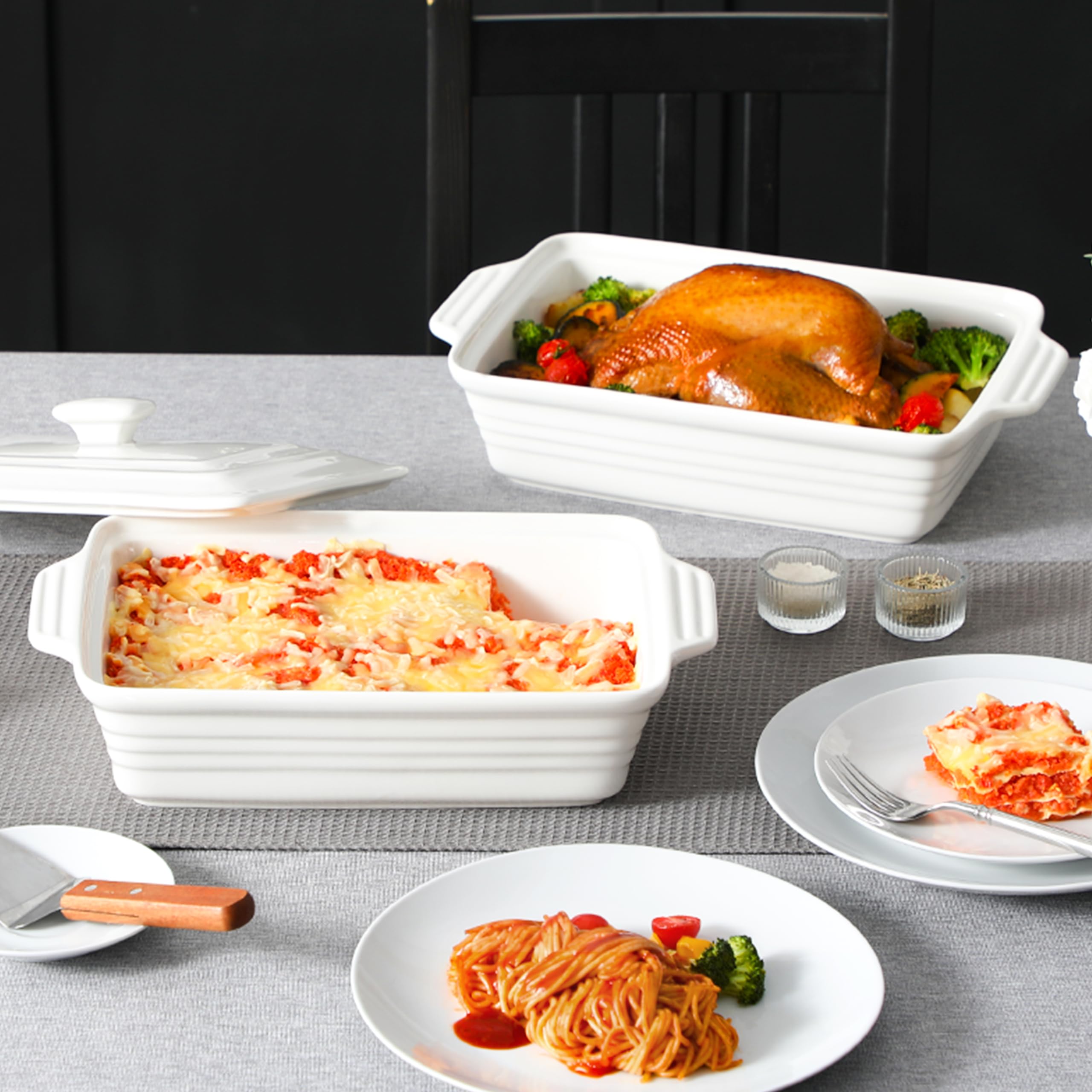 MALACASA Casserole Dish for Oven, 4.4 Qt Porcelain Baking Dish with Lid, 9x13 Baking Pan with Handles, Large Lasagna Pan Deep, Rectangular Bakeware, Microwave Safe, White, Series BAKE