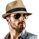 Straw Fedora Hat for Women Men Packable Short Brim Roll Up Trilby Hat Panama Summer Beach Sun Hat UPF 50+