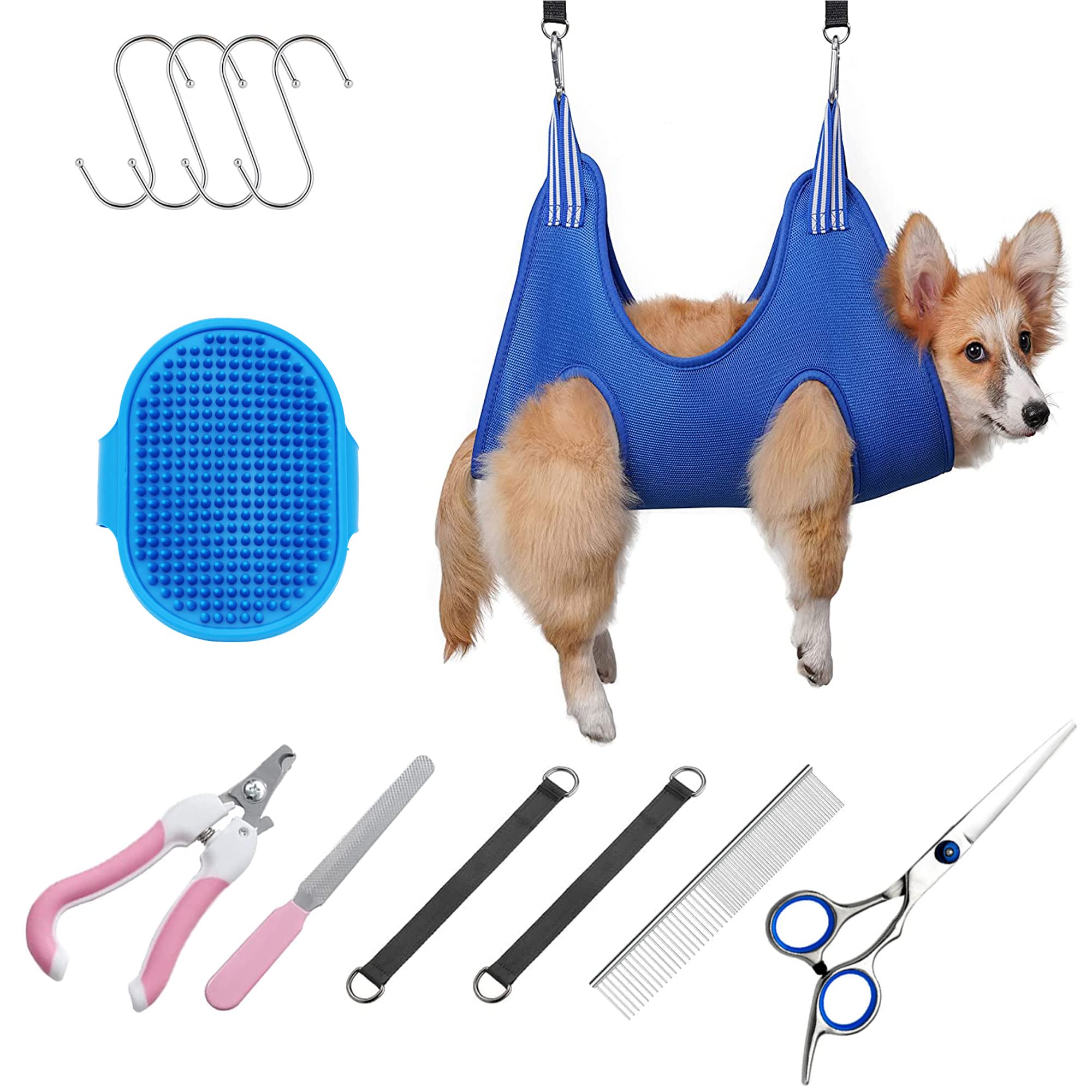Allazone Pet Grooming Hammock for Cats Dogs Kit, Pet Supplies Kit Breathable Dog Hammock Restraint Bag with Nail Clippers,Trimmer, Nail File, Pet Comb for Bathing Washing Trimming Nail, Blue