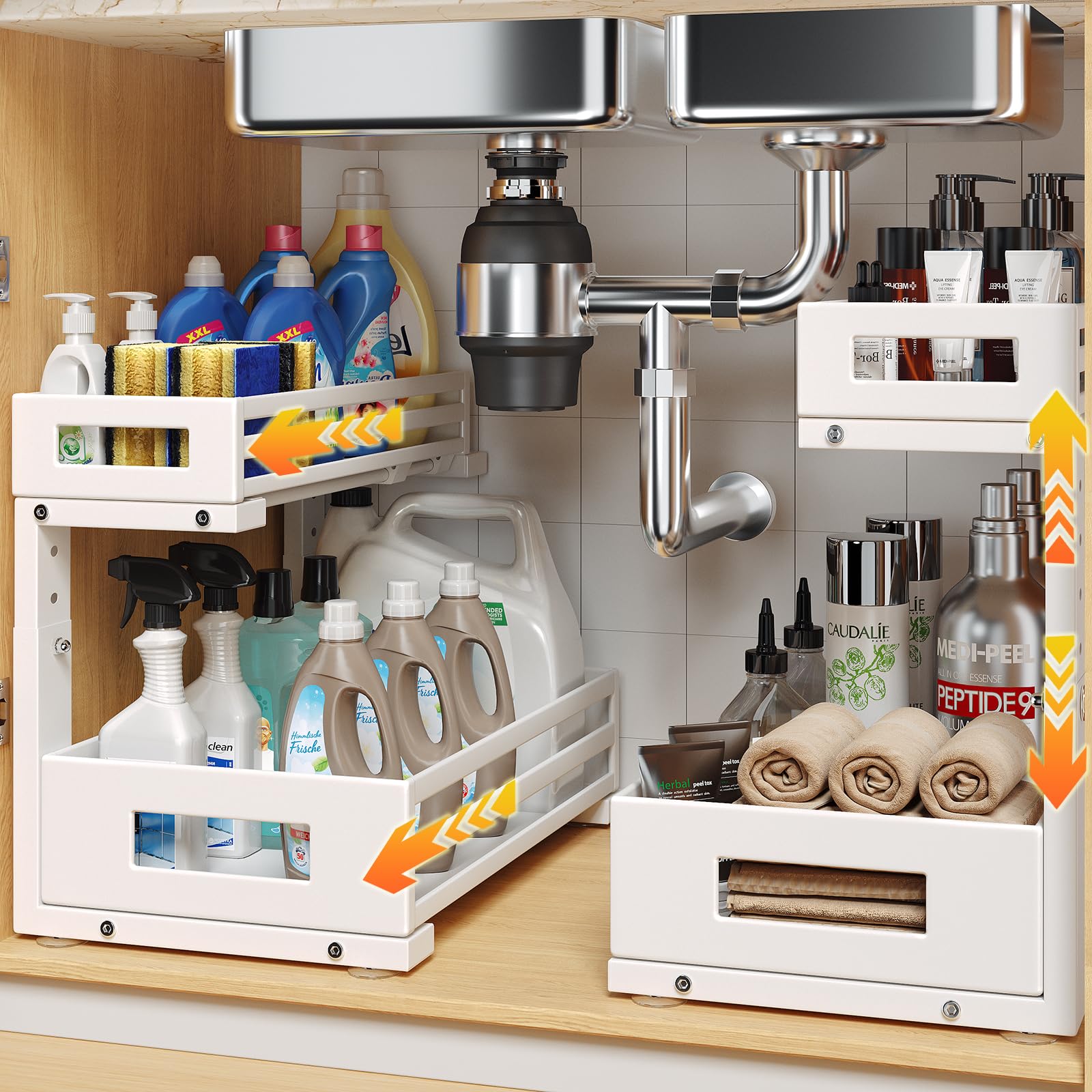 Photo 1 of 2-Pack Under Sink Organizers and Storage,2-Tier L Shape Pull Out Cabinet Organizer With Round Tube Slide Rails,Hight Adjustable Slide Out Drawers for Kitchen&Bathroom,Multi-Purpose Storage Shelf-White