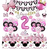 Pink Mouse 2nd Birthday Party Supplies, Oh Twodles Girl Second Party Decorations Includes Happy Birthday Banner, Hanging Swirls, Tablecloth, Cake Cupcake Toppers, Bow Foil Balloon, Latex Balloons