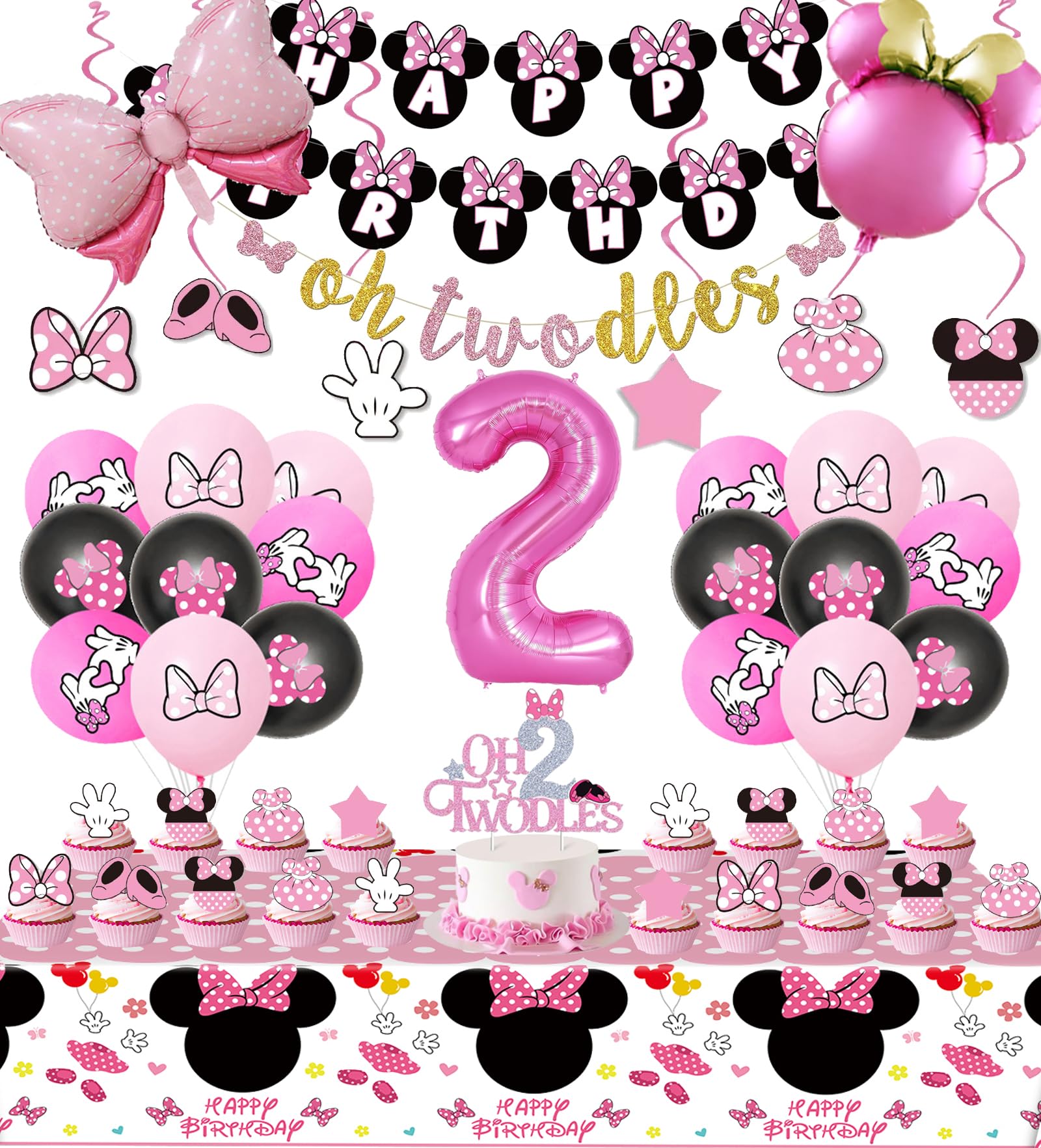 Photo 1 of Pink Mouse 2nd Birthday Party Supplies, Oh Twodles Girl Second Party Decorations Includes Happy Birthday Banner, Hanging Swirls, Tablecloth, Cake Cupcake Toppers, Bow Foil Balloon, Latex Balloons