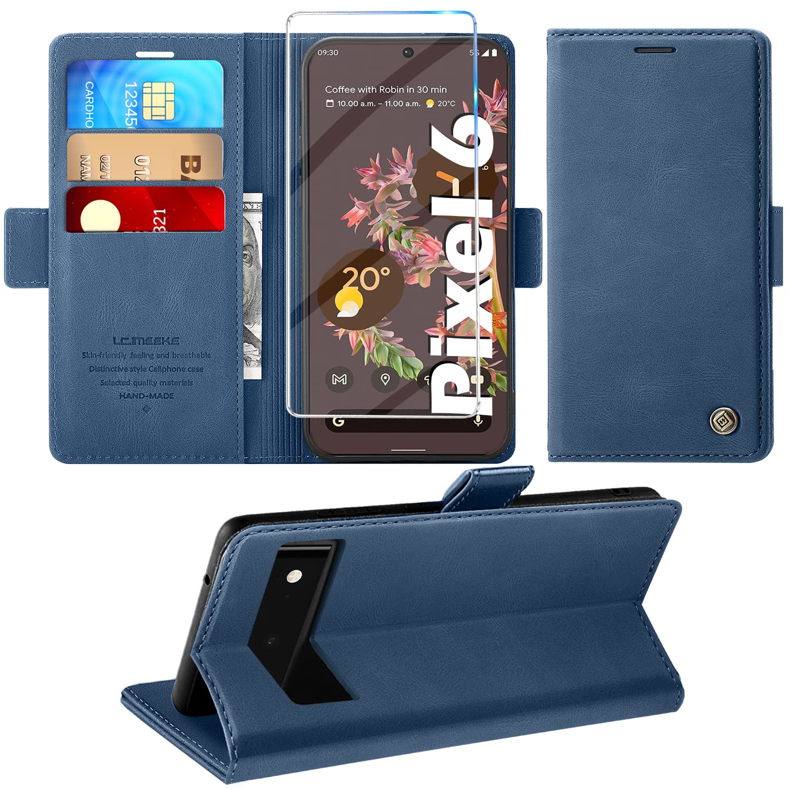 Mobile Phone Case for Google Pixel 6 Case with Screen Protector, Pixel 6 with Stand Function Card Slot Wallet Premium Leather Protective Case Pixel 6 5G Flip Case Cover Shockproof Flip Case (Blue)