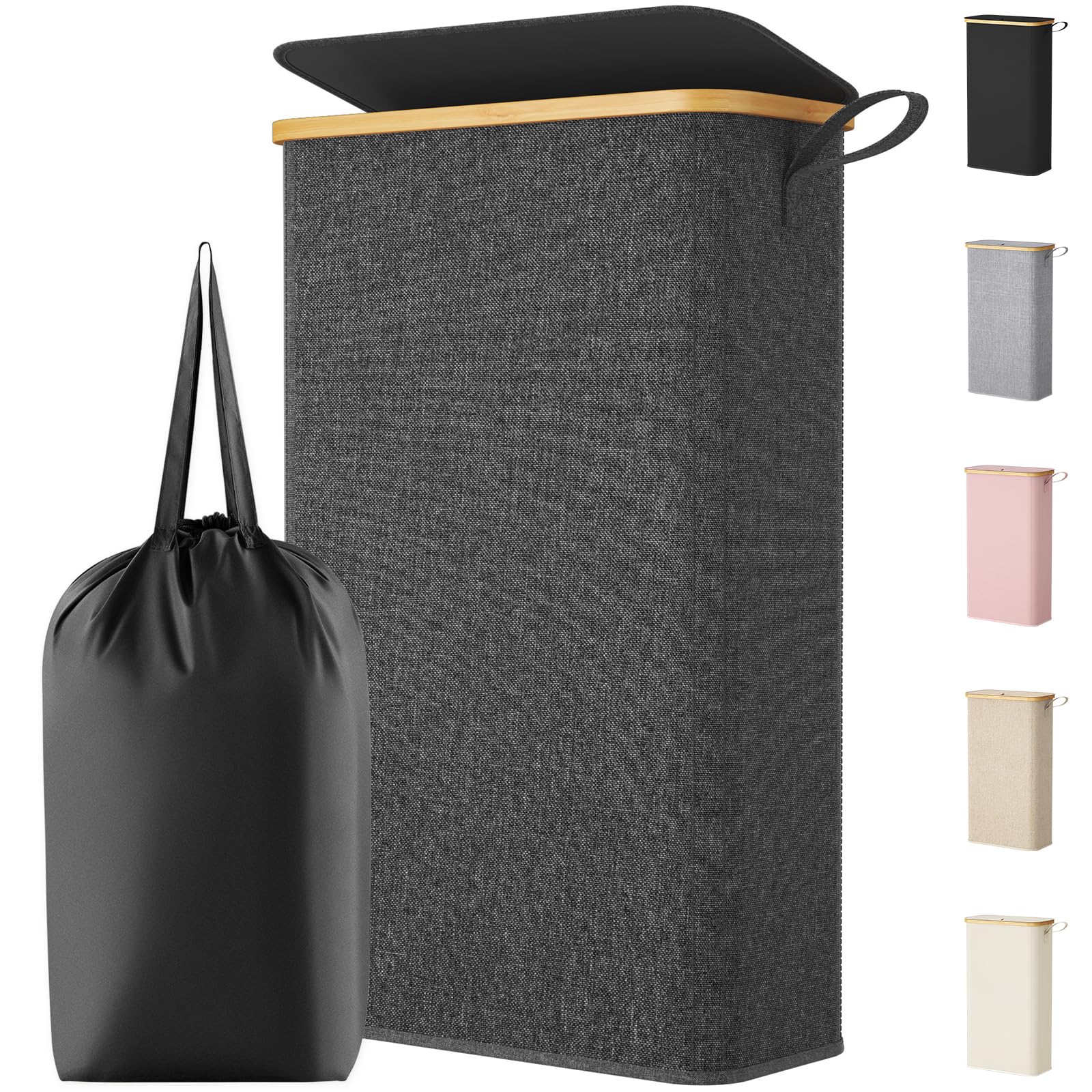 Lifewit 65L Slim Laundry Basket with Lid, Narrow Laundry Bin with Removable Bag & Bamboo Handles, Foldable Thin Dirty Clothes Hamper for Laundry, Bathroom, Bedroom, Dorm (Dark Grey)