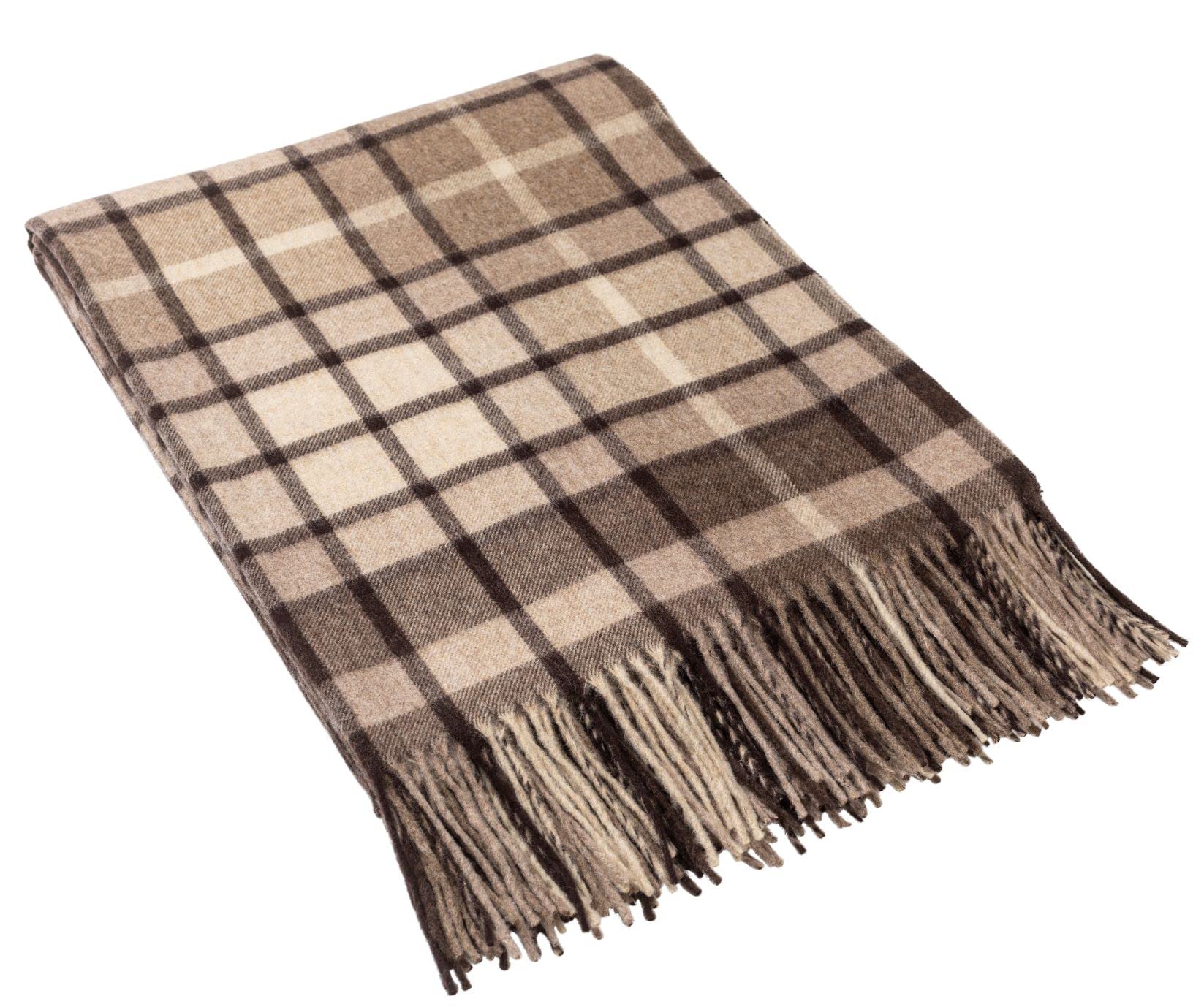 Glen Isla 100% Lambswool Blanket Throw Yarrow Classic Plaid Check Brown Beige - Made in Scotland