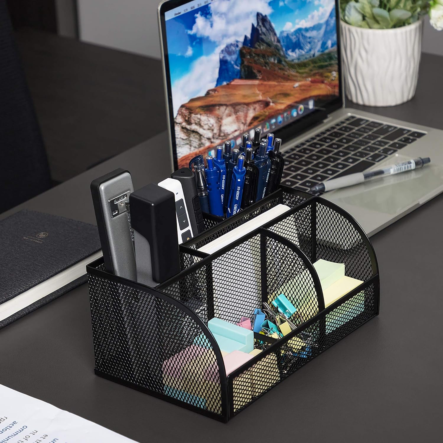 Deli Mesh Desk Organizer Office Supplies Caddy with Pen Holder and Storage Baskets for Desktop Accessories, 7 Compartments, Black : Office Products