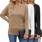 Velvelhall 3 Pack Women's Dolman Sleeve Tops Casual Long Sleeve Flowy Side Ruched Shirts Round Neck Bat Wing Draped Basic Tee