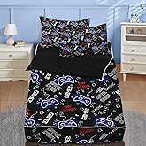 Nesker Zipper Bedding Full Black Game Zip Up Bedding Set for Boys and Kids, Neon Gaming Gaepad 3 Pcs Comforter Bed in a Bag with Fitted Sheet and 2 Pcs Pillowcases