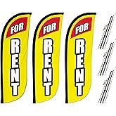 LookOurWay Real Estate Themed Feather Flag Pole Kit 3 Pack - 5 Feet Tall For Rent Advertising Flags with 3 Banners, 3 Pole Sets, and 3 Ground Spikes (For Rent 10M500007)