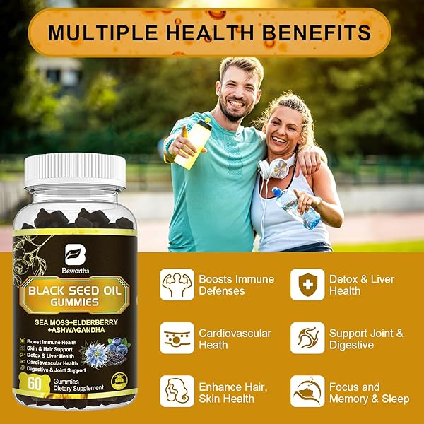 B BEWORTHS BLACK SEED OIL & SEA MOSS GUMMIES, ORGANIC IRISH SEA MOSS GUMMIES WITH ASHWAGANDHA, BLACK SEED OIL, ELDERBERRY, TURMERIC, VITAMIN D3/C AND ZINC – SUPPORT JOINTS, DIGESTION, HAIR & SKIN