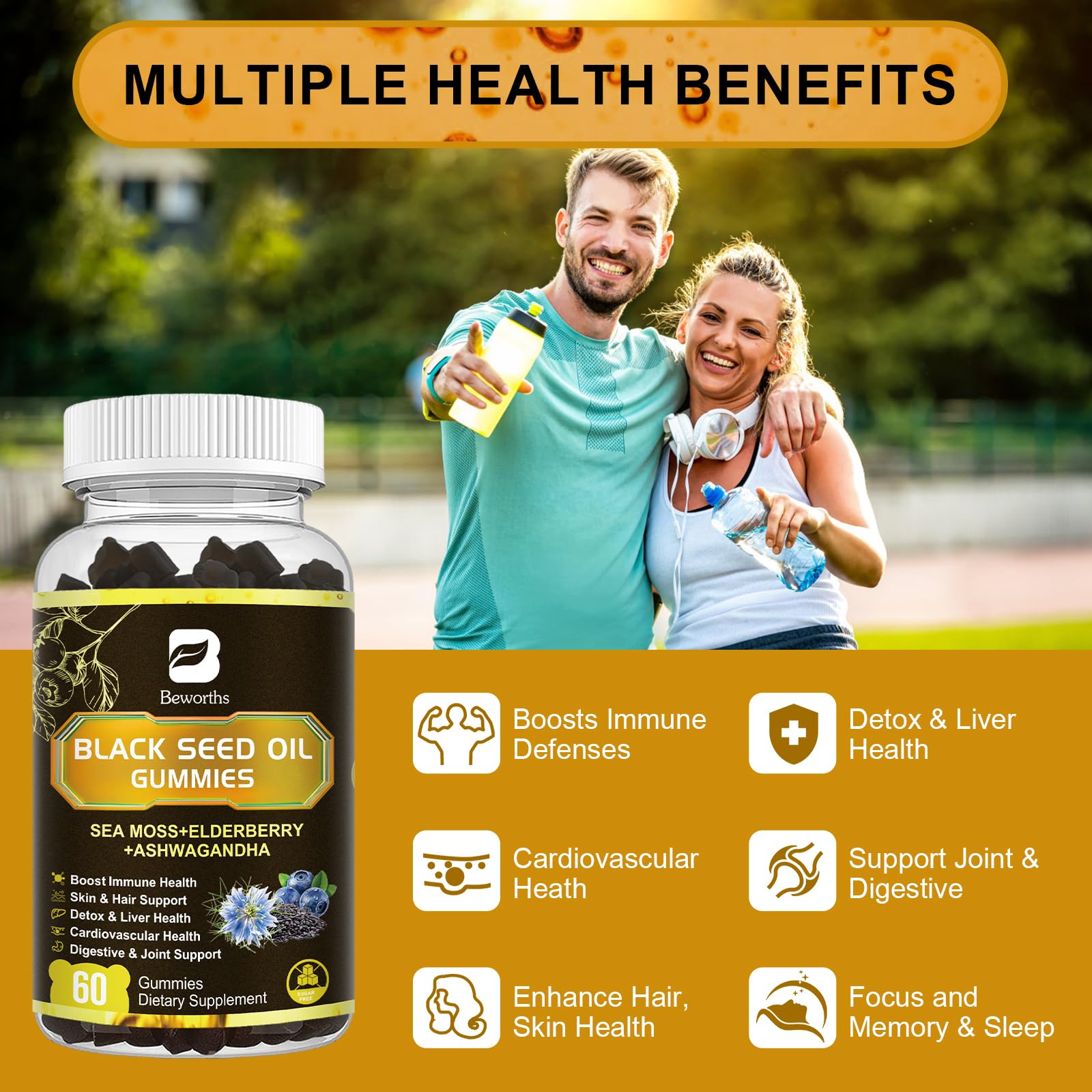 B BEWORTHS Black Seed Oil & Sea Moss Gummies, Organic Irish Sea Moss Gummies with Ashwagandha, Black Seed Oil, Elderberry, Turmeric, Vitamin D3/C and Zinc - Support Joints, Digestion, Hair & Skin
