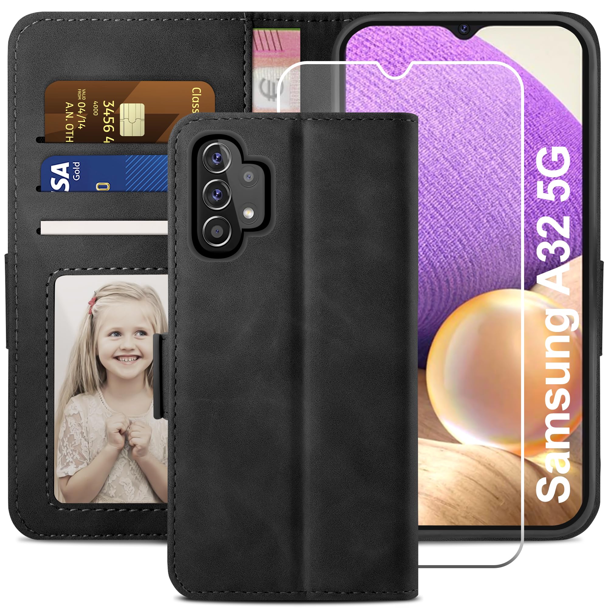 YATWIN Compatible with Samsung Galaxy A32 5G Case, Flip Wallet Leather Case with Tempered Glass Screen Protector and Card Slot Kickstand Phone Cases Cover for Samsung A32 5G - Black