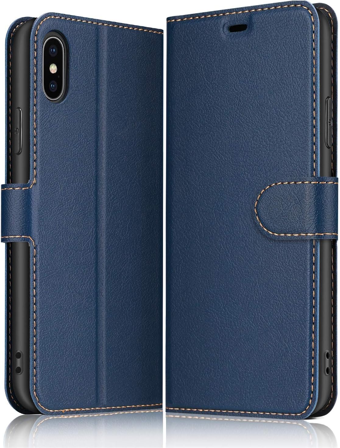 ELESNOW Phone Case for iPhone X, Flip Wallet PU Leather Card Holder with RFID Blocking Magnetic Closure Stand Cover for Apple iPhone X (Blue)