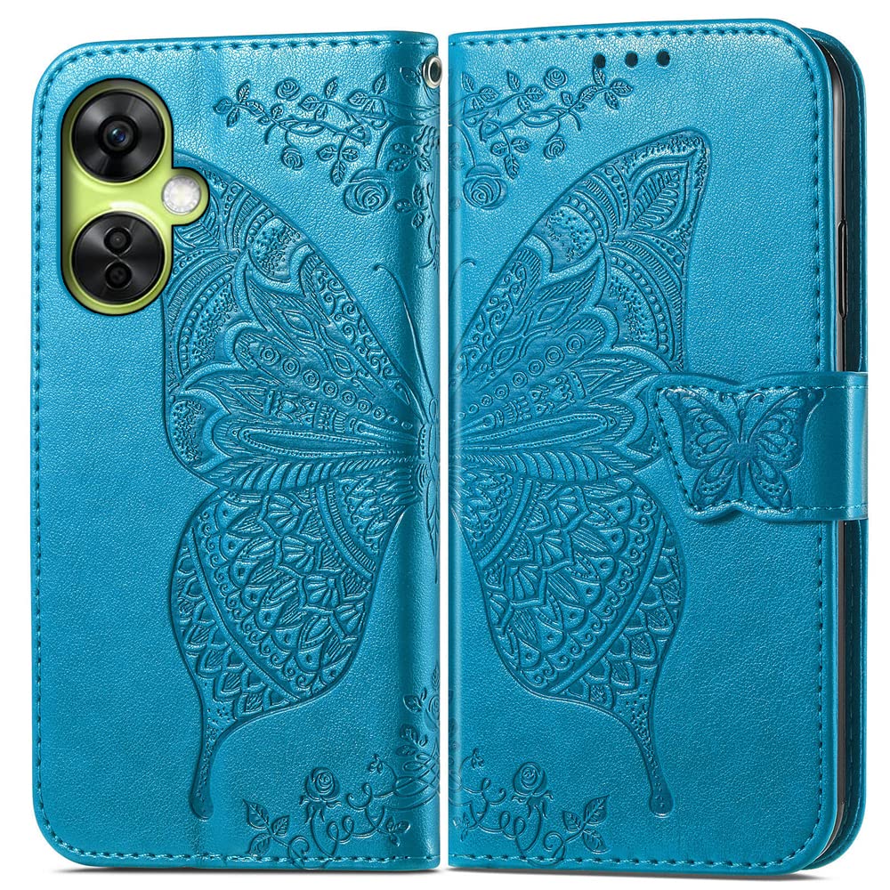 JIUNINE Case for OnePlus Nord CE3 Lite, Leather Wallet Case Flip Cover with Butterfly Embossed Pattern [Card Holder] [Magnetic Closure] [TPU Inner Shell] for OnePlus Nord CE 3 Lite, Blue