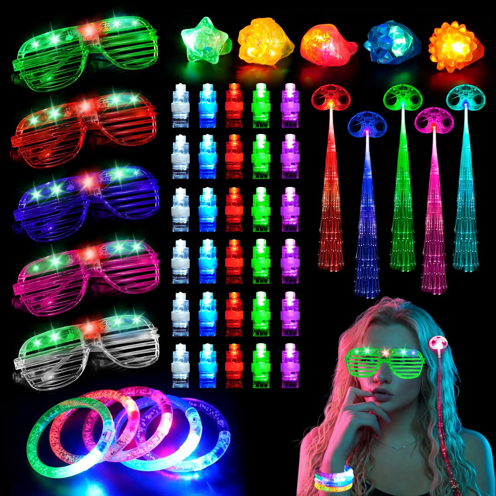 52Pcs LED Light Up Toys Party Favors Glow in The Dark Party Supplies, Neon Glasses,Rave Props Luminous Glasses,Finger Lights,LED Jelly Rings for Birthday Reunion