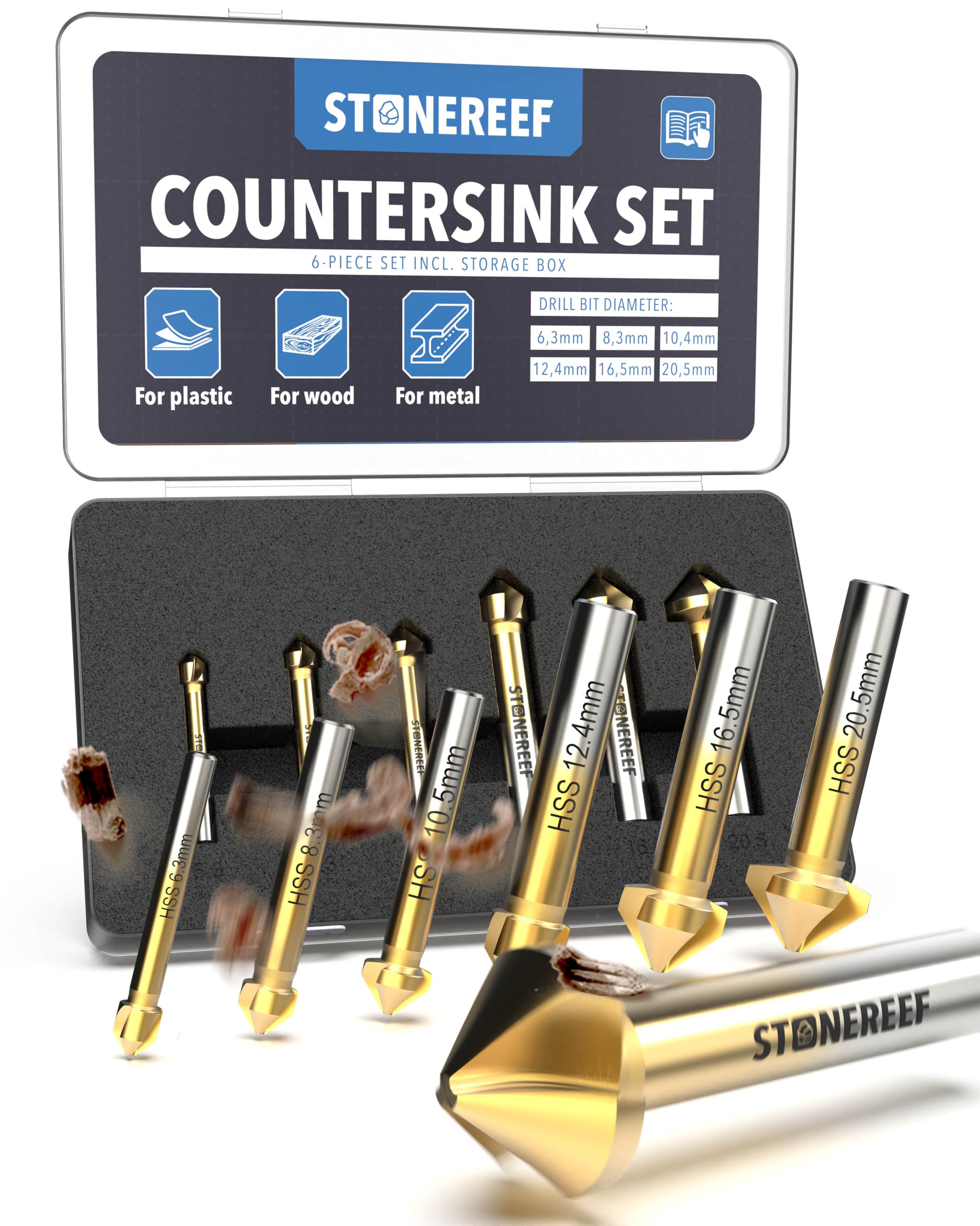STONE REEF Countersink Set Professional Made of HSS Steel [6 Pieces Including Storage Box] - Countersink Metal Countersink Metal Countersink Set, Countersink Metal Countersink Wood, Countersink Wood