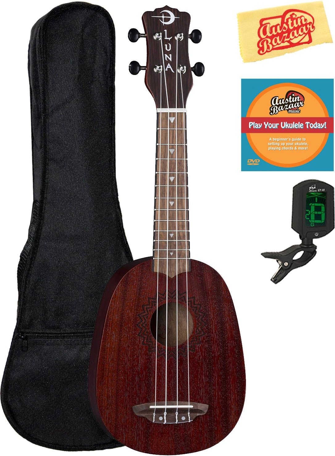 Luna Uke Vintage Mahogany Pineapple Ukulele - Red Satin Bundle with Gig Bag, Tuner, Austin Bazaar Instructional DVD, and Polishing Cloth