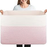 OIASKET XXXL Large Blanket Basket, 108L Cotton Rope Storage Basket for Living Room, Supre Large Toy Baskets for Kids, Woven Basket for Clothes, Towels, Pillows, 25" x 16" x 16", Pink and White
