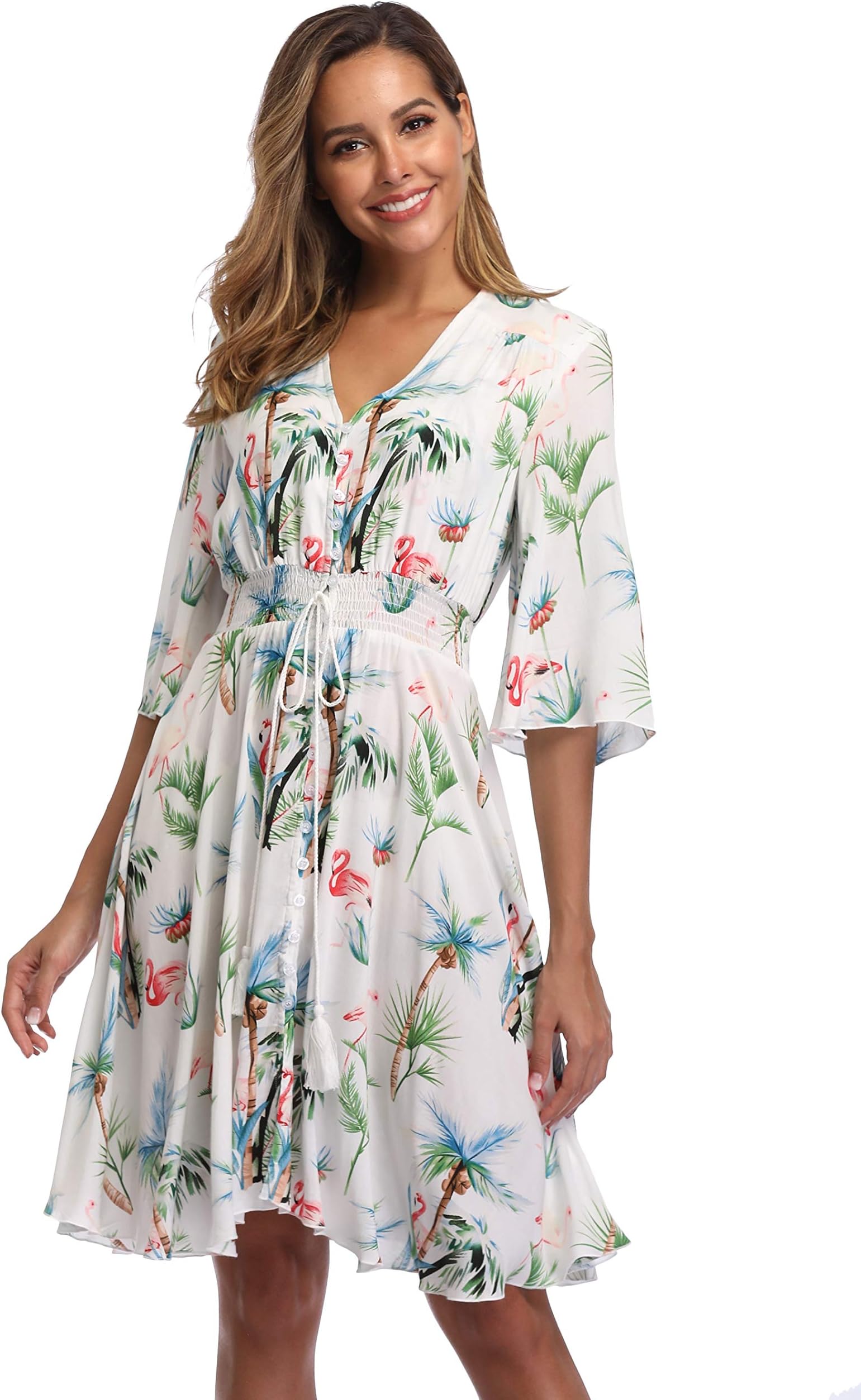 VintageClothing Women's Floral Sundresses Flowy Boho Summer Beach Dress Button Up