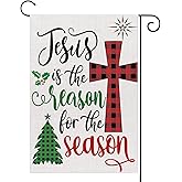UPINLOOK Christmas Garden Flag Vertical Double Sided Jesus is The Reason for The Season Burlap Winter Xmas Tree Cross Farmhouse Yard Flag Outdoor Decor 12.5 x 18 Inch