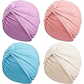 SATINIOR 4 Pieces Turbans for Women Soft Pre Tied Knot Fashion Pleated Cancer Turban Cap Chemo Headwrap Sleep Hat, 4 Colors