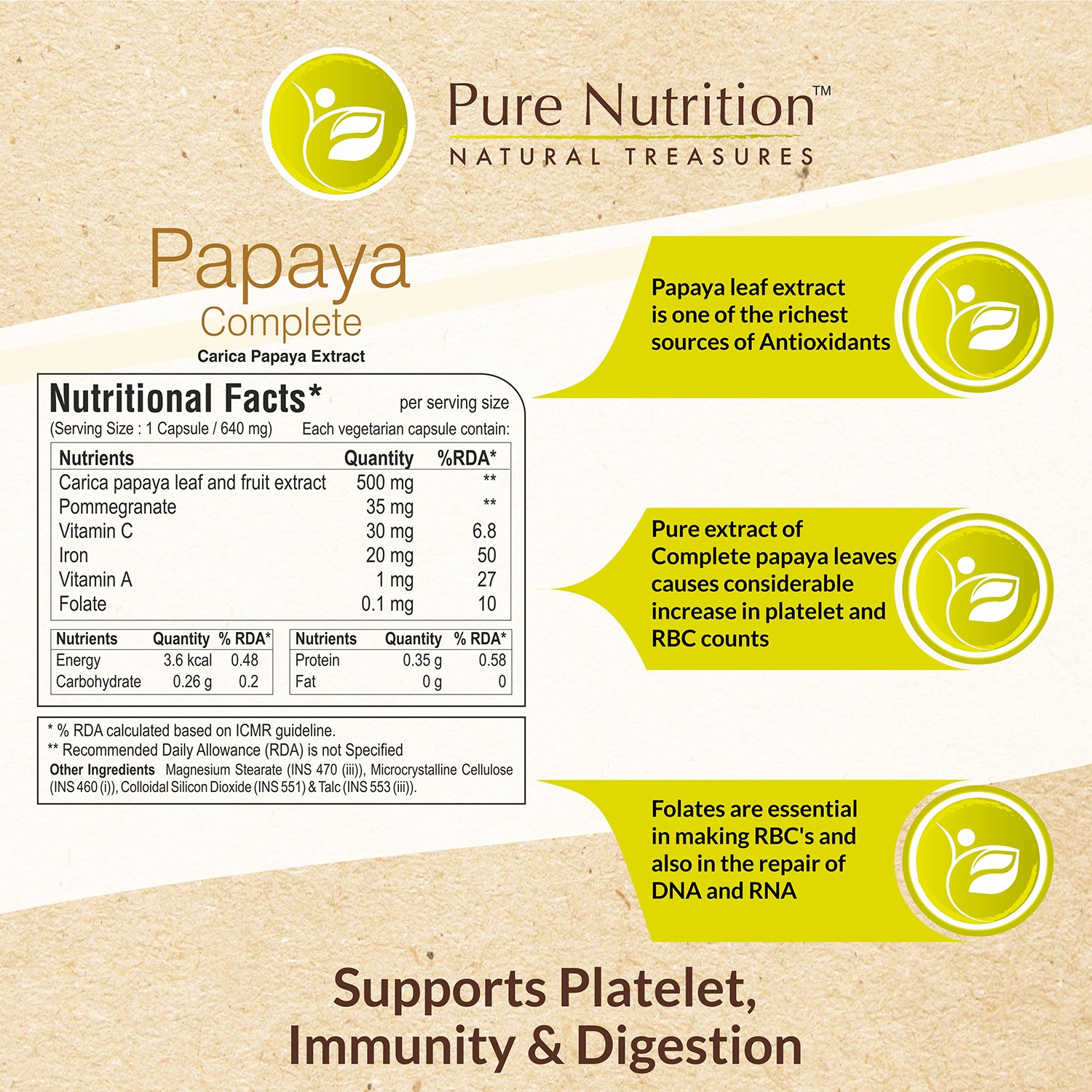 Pure Nutrition Papaya Complete 60 Veg Capsules (Supports Platelet