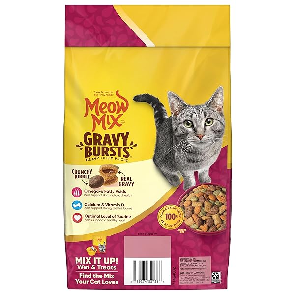 MEOW MIX GRAVY BURSTS, SAVORY CHICKEN FLAVOR MIX, GRAVY FILLED DRY CAT FOOD, 3 LB. BAG