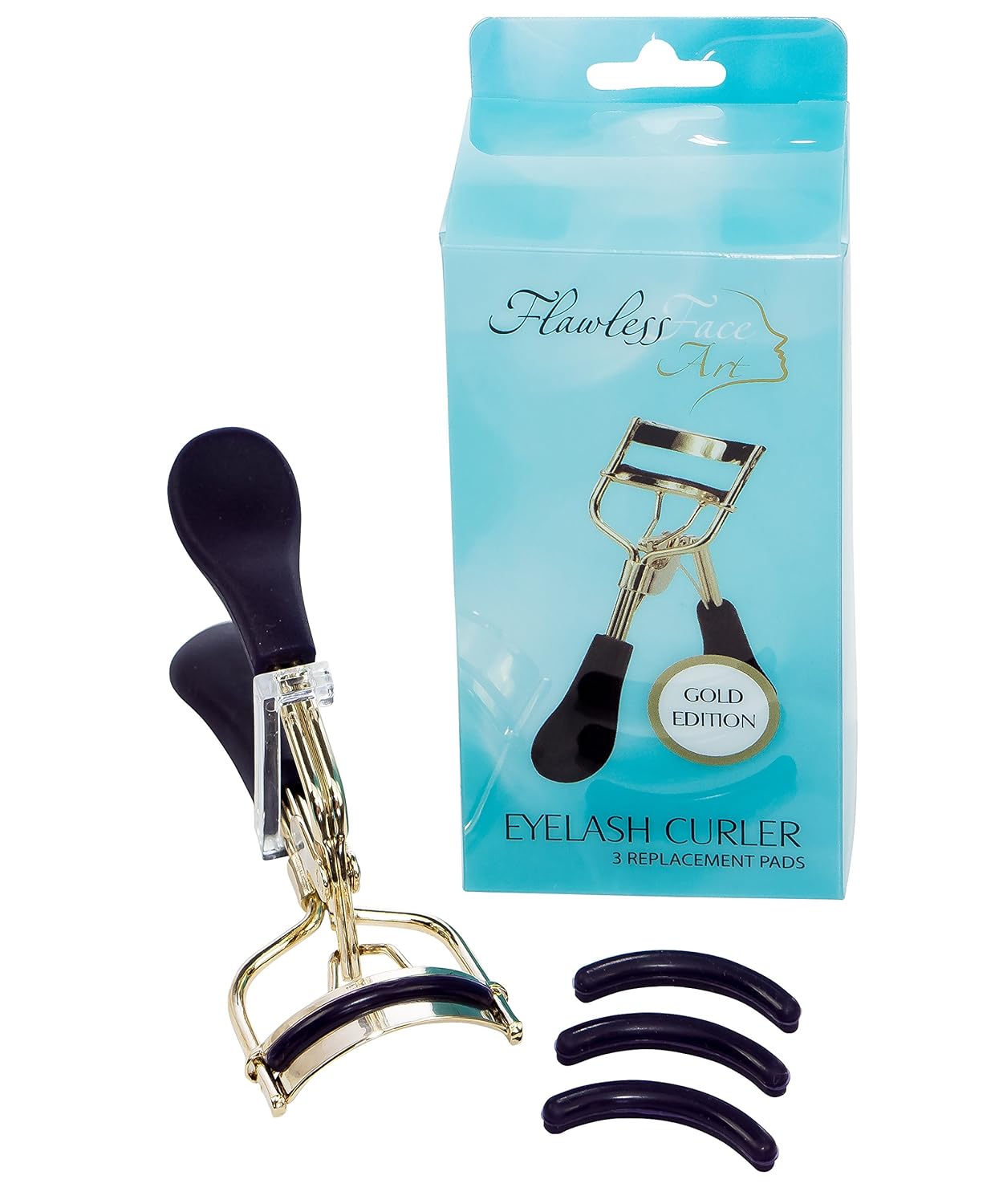 Flawless Face Art Eyelash Curler - No Pinching or Pulling for Fast Curled Eye Lashes, Quick Release Gold Design, No Slipping Loop Free Silicon Handles for Gorgeous Natural Lash Curl, Free Refill Pads