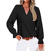 RUMIA Womens Blouses V Neck Eyelet Lace Tops with Lining Dressy Sheer Long Sleeve Shirts Embroidered Blouses 2025 Fashion