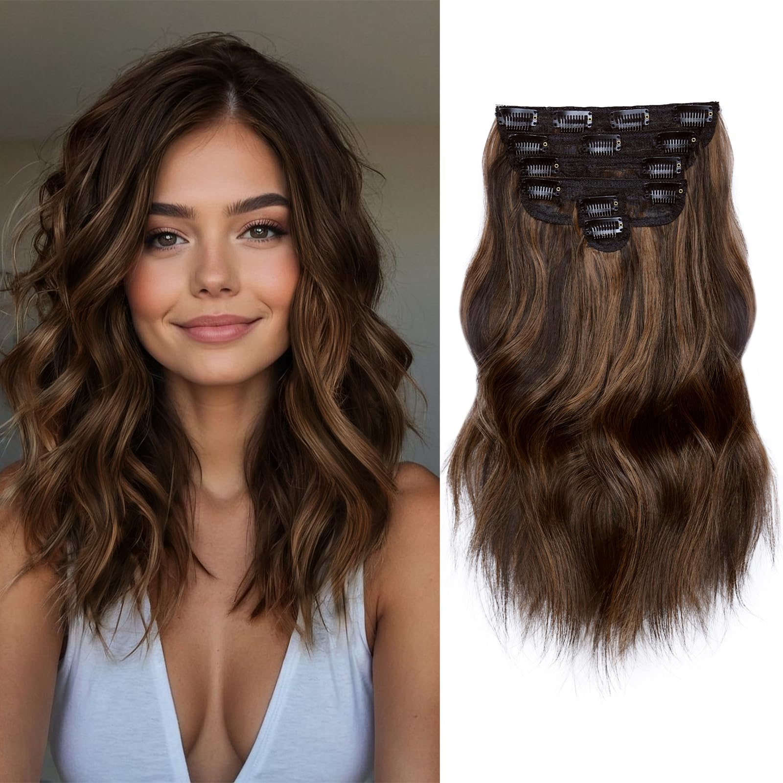 Photo 1 of NAYOO Clip in Hair Extensions for Women 14 Inch Short Wavy Curly Dark Brown Mix Chestnut Hairpieces Full Head Synthetic Hair Hairpieces (6PCS, Dark Brown Mix Chestnut)