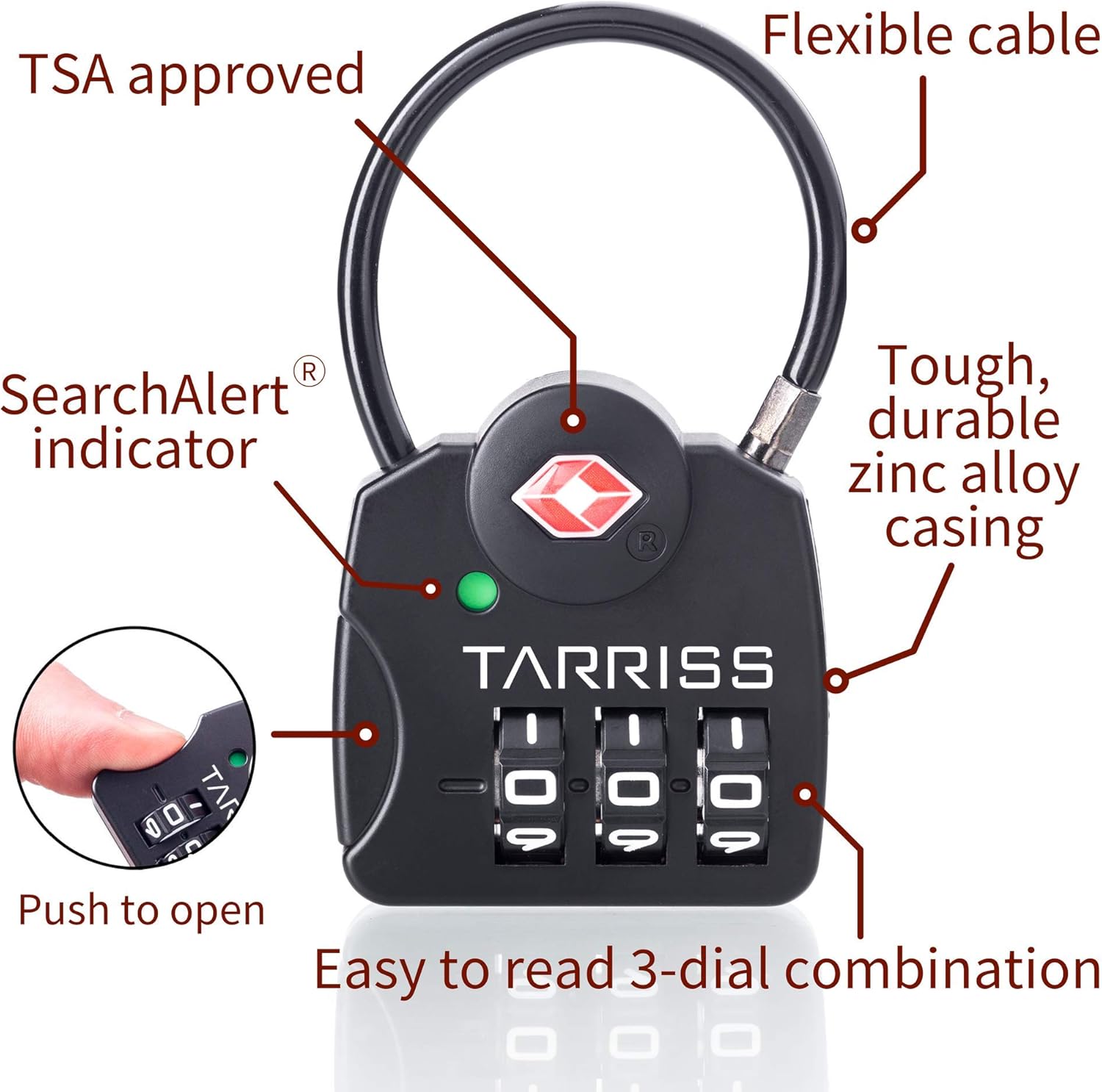  | Tarriss TSA Luggage Lock with SearchAlert (2 Pack) (Midnight Black) | Luggage Locks