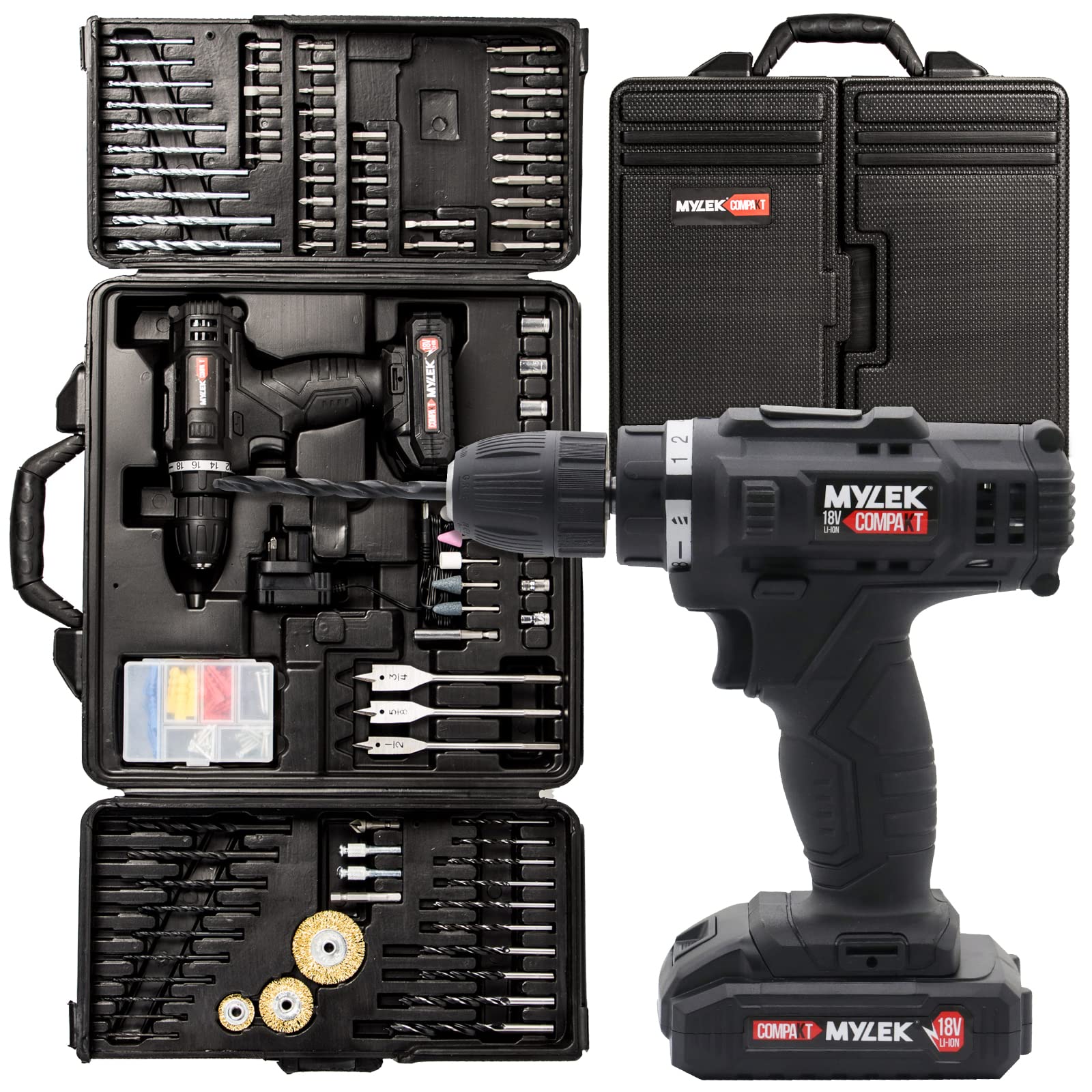 MYLEK MYBMC092 18V Cordless Drill Electric Driver Set, Lithium Ion Battery, 18 Volt Combi Screwdriver Pack, Black, 151 DIY Piece Accessory Kit and Carry Case