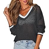 Aoudery Womens Varsity V Neck Long Sleeve Tennis Sweater Casual Crochet Hollow Out Knit Tops Pullover Shirts Beach Coverup