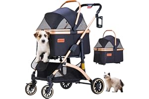 GdnWings Pet Stroller for Small Dogs, Lightweight Small Dog Stroller for Dogs Cats with 6 Shock Absorption System, Detachable Carrier Suitable for Car Seat & Hand Carry, Safe Outings, Black