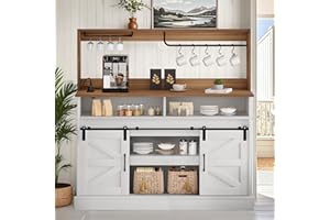 YITAHOME 52" Farmhouse Coffee Bar Cabinet with Storage, Buffet Cabinet with Goblet Holder, 5 Hooks, Power Outlets, Sideboard Cabinet with Sliding Barn Doors for Kitchen & Living Room (White)