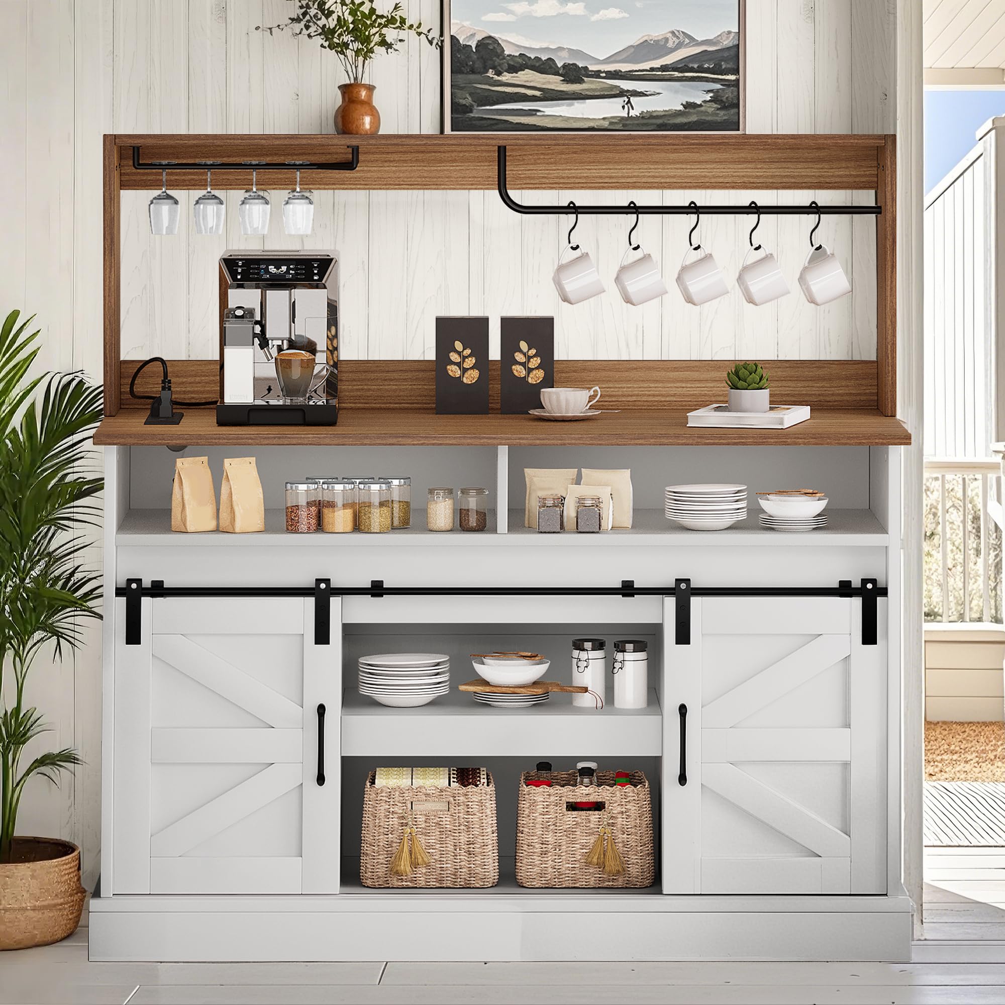 Photo 1 of *missing2/2*YITAHOME 52" Farmhouse Coffee Bar Cabinet with Storage, Buffet Cabinet with Goblet Holder, 5 Hooks, Power Outlets, Sideboard Cabinet with Sliding Barn Doors for Kitchen & Living Room (White)