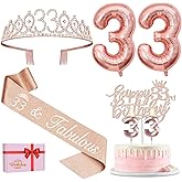 33 Birthday Decorations for Women, Including 33rd Birthday Sash and Tiara, Cake Topper and Candles, Number Balloons, 33 Year Old Gifts for Women